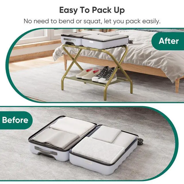 Alt view image 4 of 7 - Gold Luggage Rack Pack of 2, Foldable Suitcase Stand with Fabric Storage Shelf, Luggage Holder with 4 Nylon Straps for Hotel Guest Room Bedroom