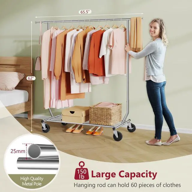 Alt view image 3 of 7 - Clothing Rack Heavy Duty Clothes Racks Foldable Garment Rack with Wheels and Extendable Rod, Collapsible Clothing Rack Max Capacity 250lbs, Industrial Rolling Racks with Bottom Shelf, Chrome