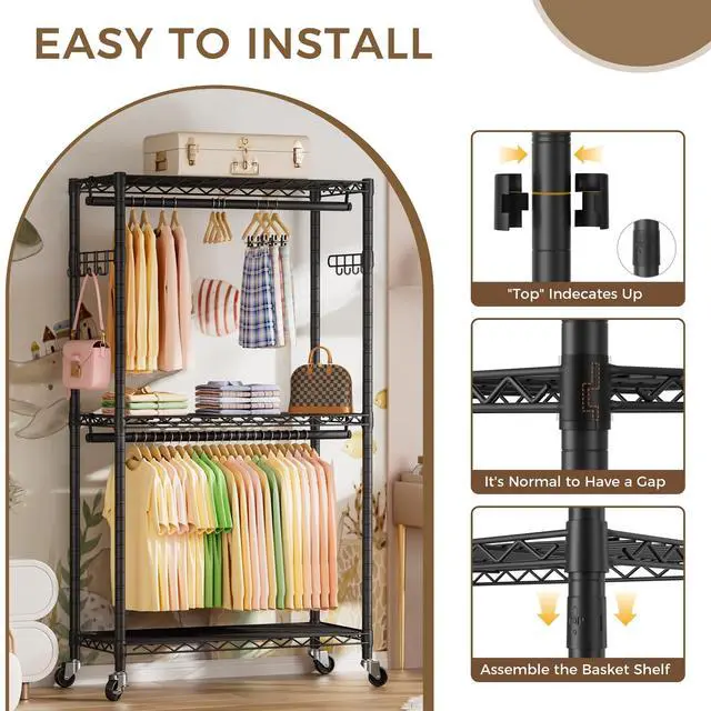 Alt view image 6 of 7 - Heavy Duty Clothes Rack Rolling Garment Rack,3 Tier Adjustable Wire Shelving Clothing Racks for Hanging Clothes with Double Rods&Side Hooks,Freestanding Wardrobe Storage Rack Metal Portable Closet
