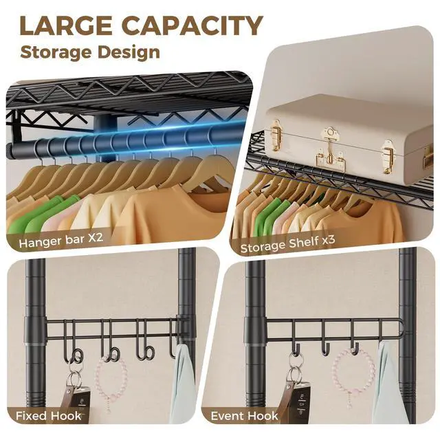 Alt view image 7 of 7 - Heavy Duty Clothes Rack Rolling Garment Rack,3 Tier Adjustable Wire Shelving Clothing Racks for Hanging Clothes with Double Rods&Side Hooks,Freestanding Wardrobe Storage Rack Metal Portable Closet