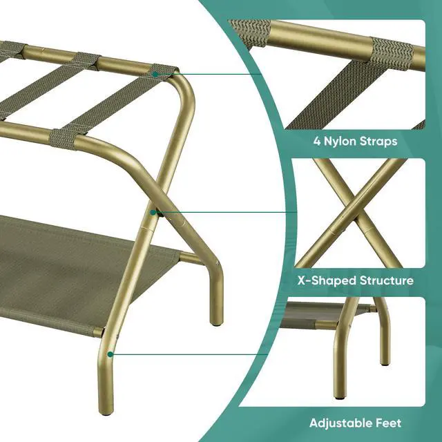 Alt view image 5 of 7 - Gold Luggage Rack Pack of 2, Foldable Suitcase Stand with Fabric Storage Shelf, Luggage Holder with 4 Nylon Straps for Hotel Guest Room Bedroom