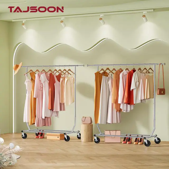 Alt view image 5 of 7 - Clothing Rack Heavy Duty Clothes Racks Foldable Garment Rack with Wheels and Extendable Rod, Collapsible Clothing Rack Max Capacity 250lbs, Industrial Rolling Racks with Bottom Shelf, Chrome