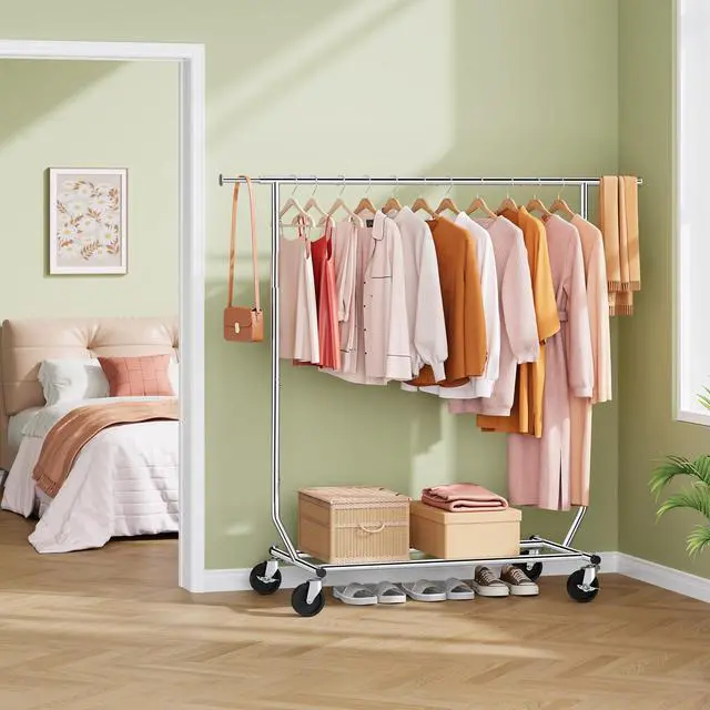Alt view image 7 of 7 - Clothing Rack Heavy Duty Clothes Racks Foldable Garment Rack with Wheels and Extendable Rod, Collapsible Clothing Rack Max Capacity 250lbs, Industrial Rolling Racks with Bottom Shelf, Chrome