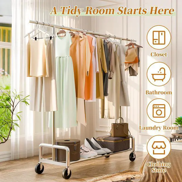 Alt view image 5 of 7 - Heavy Duty Clothing Clothes Rack with Wheels for Hanging, Metal Rolling Garment Rack Organizer Load 500 LBS, Chrome