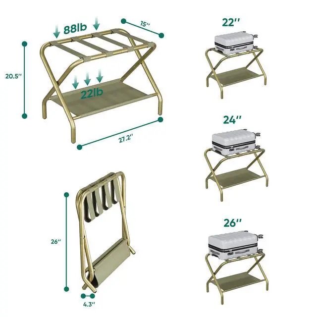 Alt view image 6 of 7 - Gold Luggage Rack Pack of 2, Foldable Suitcase Stand with Fabric Storage Shelf, Luggage Holder with 4 Nylon Straps for Hotel Guest Room Bedroom