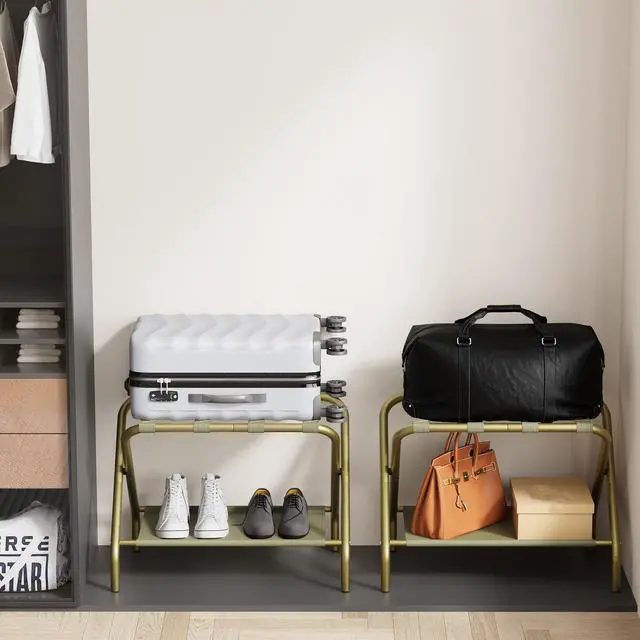 Alt view image 7 of 7 - Gold Luggage Rack Pack of 2, Foldable Suitcase Stand with Fabric Storage Shelf, Luggage Holder with 4 Nylon Straps for Hotel Guest Room Bedroom