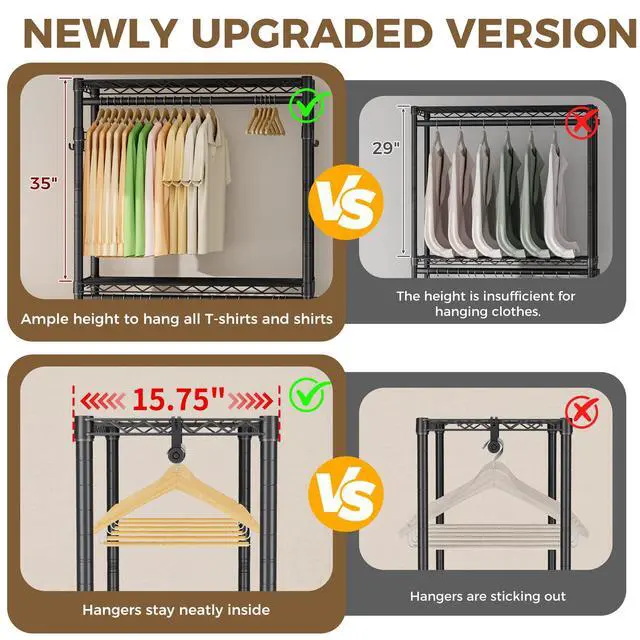 Alt view image 5 of 7 - Heavy Duty Clothes Rack Rolling Garment Rack,3 Tier Adjustable Wire Shelving Clothing Racks for Hanging Clothes with Double Rods&Side Hooks,Freestanding Wardrobe Storage Rack Metal Portable Closet