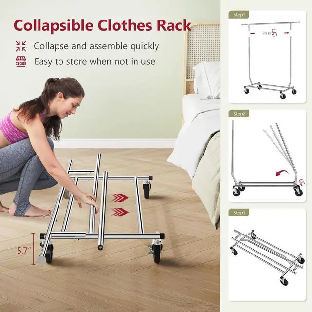 Alt view image 4 of 7 - Clothing Rack Heavy Duty Clothes Racks Foldable Garment Rack with Wheels and Extendable Rod, Collapsible Clothing Rack Max Capacity 250lbs, Industrial Rolling Racks with Bottom Shelf, Chrome