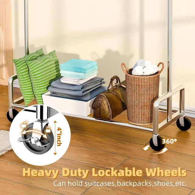 Alt view image 4 of 7 - Heavy Duty Clothing Clothes Rack with Wheels for Hanging, Metal Rolling Garment Rack Organizer Load 500 LBS, Chrome