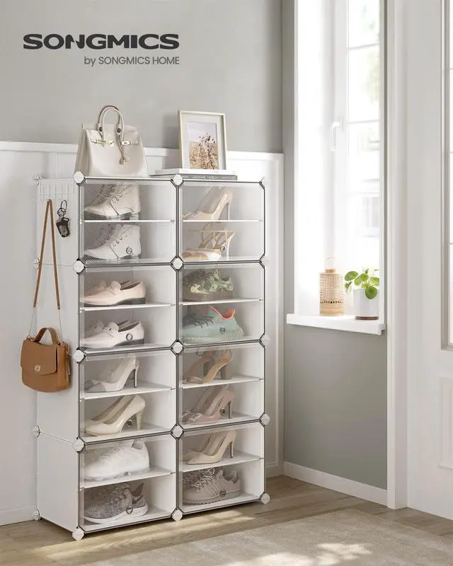 Alt view image 2 of 7 - Shoe Rack Organizer, 8-Tier Shoe Storage Cabinet for Closet and Entryway, Holds 32 Pairs of Shoes, Adjustable, Cloud White and Transparent ULPC034W01