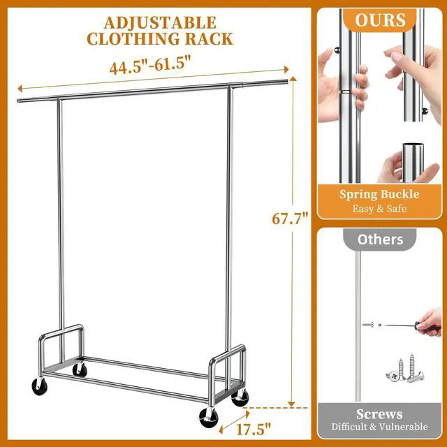 Alt view image 7 of 7 - Heavy Duty Clothing Clothes Rack with Wheels for Hanging, Metal Rolling Garment Rack Organizer Load 500 LBS, Chrome