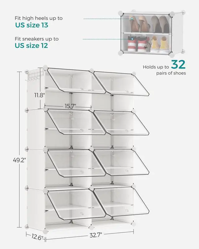 Alt view image 6 of 7 - Shoe Rack Organizer, 8-Tier Shoe Storage Cabinet for Closet and Entryway, Holds 32 Pairs of Shoes, Adjustable, Cloud White and Transparent ULPC034W01