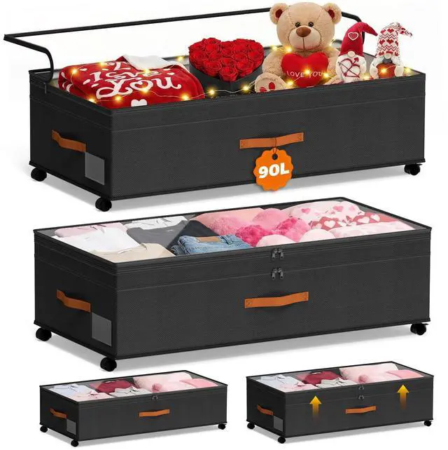 Main image of Under Bed Storage with Wheels, 35.5 inches Underbed Storage Large Capacity Under Bed Rolling Containers, 2 Pack Under the Bed Storage for Clothes, Shoes, Blankets (Deep Black)
