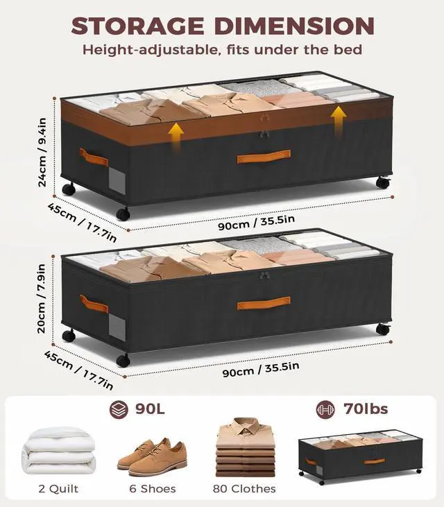 Alt view image 2 of 7 - Under Bed Storage with Wheels, 35.5 inches Underbed Storage Large Capacity Under Bed Rolling Containers, 2 Pack Under the Bed Storage for Clothes, Shoes, Blankets (Deep Black)