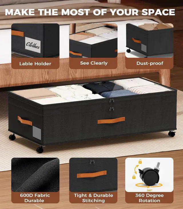 Alt view image 4 of 7 - Under Bed Storage with Wheels, 35.5 inches Underbed Storage Large Capacity Under Bed Rolling Containers, 2 Pack Under the Bed Storage for Clothes, Shoes, Blankets (Deep Black)
