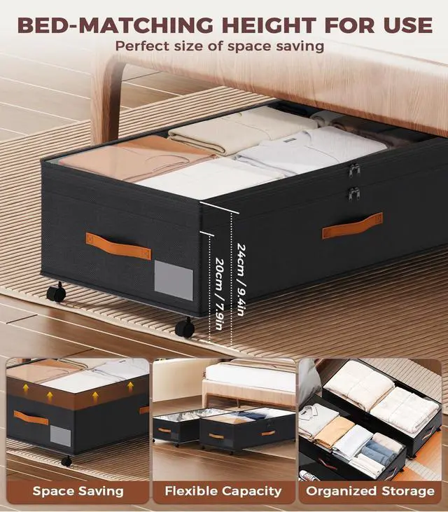 Alt view image 3 of 7 - Under Bed Storage with Wheels, 35.5 inches Underbed Storage Large Capacity Under Bed Rolling Containers, 2 Pack Under the Bed Storage for Clothes, Shoes, Blankets (Deep Black)
