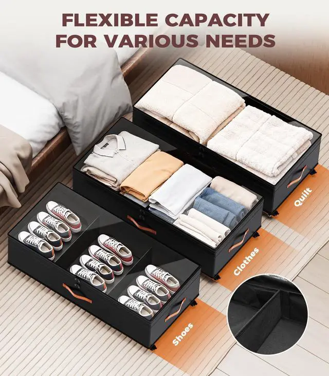 Alt view image 5 of 7 - Under Bed Storage with Wheels, 35.5 inches Underbed Storage Large Capacity Under Bed Rolling Containers, 2 Pack Under the Bed Storage for Clothes, Shoes, Blankets (Deep Black)