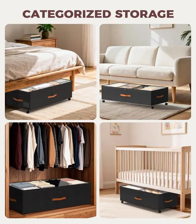 Alt view image 7 of 7 - Under Bed Storage with Wheels, 35.5 inches Underbed Storage Large Capacity Under Bed Rolling Containers, 2 Pack Under the Bed Storage for Clothes, Shoes, Blankets (Deep Black)