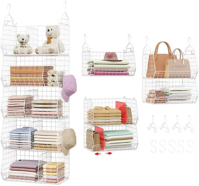 Main image of 5 Tier Extra Large Closet Hanging Shelves with Divider,2 Pair Hook,16.5"L x 11.8"W x 51.4"H Closets Organizers and Storage,Clothes Organizer Clothing Sweaters Shoes Handbags Clutches Accessories-White