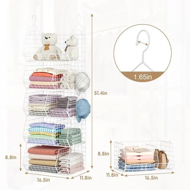 Alt view image 3 of 7 - 5 Tier Extra Large Closet Hanging Shelves with Divider,2 Pair Hook,16.5"L x 11.8"W x 51.4"H Closets Organizers and Storage,Clothes Organizer Clothing Sweaters Shoes Handbags Clutches Accessories-White