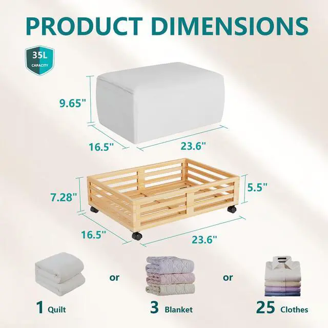 Alt view image 2 of 7 - Bamboo Under Bed Storage Containers- Underbed Organizer with Wheels with Large Capacity Dust Bag,Sturdy Wood Rolling Under Bed Shoe Storage Organizer 2 Packs (Nature, 2 Packs (23.62"×16.54"))