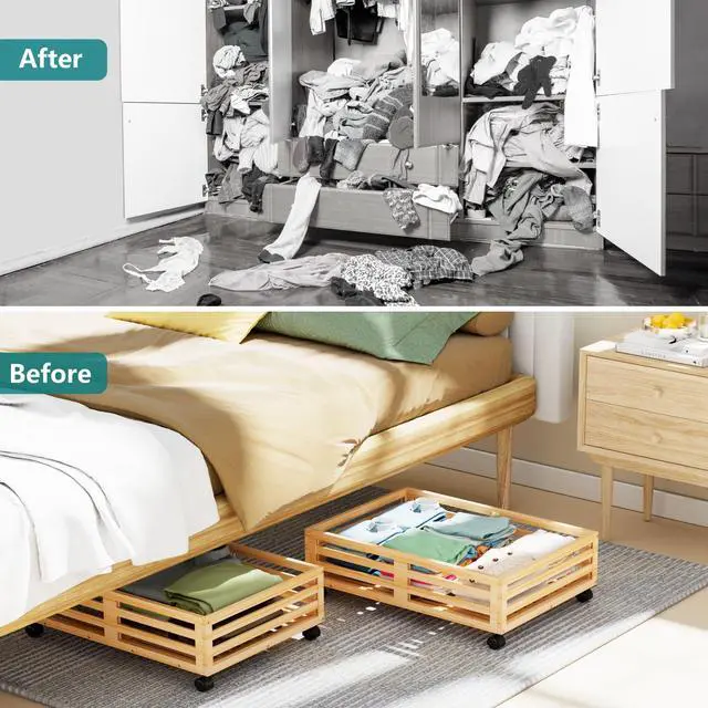 Alt view image 6 of 7 - Bamboo Under Bed Storage Containers- Underbed Organizer with Wheels with Large Capacity Dust Bag,Sturdy Wood Rolling Under Bed Shoe Storage Organizer 2 Packs (Nature, 2 Packs (23.62"×16.54"))