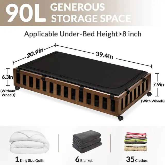 Alt view image 2 of 6 - 2 Pack Bamboo Under Bed Storage with Wheels, 39x20x7.8 Lager Under Bed Storage Containers (Brown)