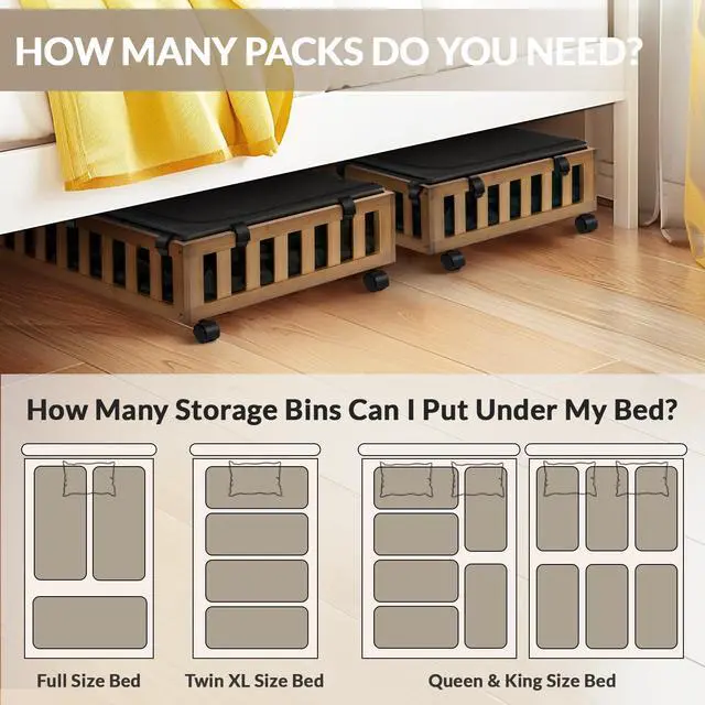 Alt view image 3 of 6 - 2 Pack Bamboo Under Bed Storage with Wheels, 39x20x7.8 Lager Under Bed Storage Containers (Brown)