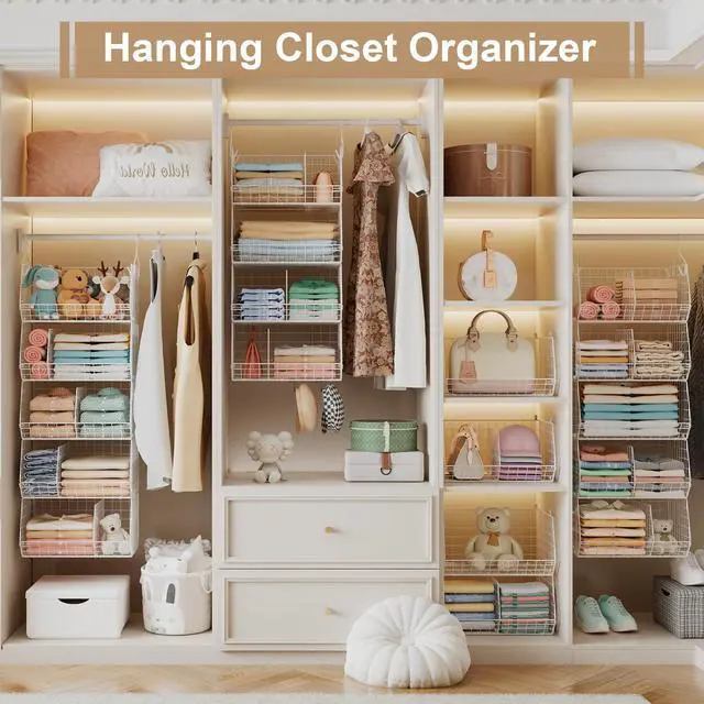 Alt view image 4 of 7 - 5 Tier Extra Large Closet Hanging Shelves with Divider,2 Pair Hook,16.5"L x 11.8"W x 51.4"H Closets Organizers and Storage,Clothes Organizer Clothing Sweaters Shoes Handbags Clutches Accessories-White