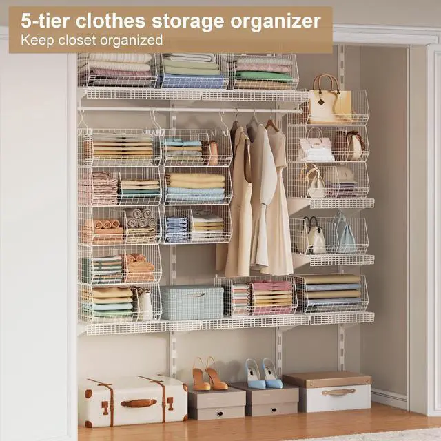 Alt view image 7 of 7 - 5 Tier Extra Large Closet Hanging Shelves with Divider,2 Pair Hook,16.5"L x 11.8"W x 51.4"H Closets Organizers and Storage,Clothes Organizer Clothing Sweaters Shoes Handbags Clutches Accessories-White