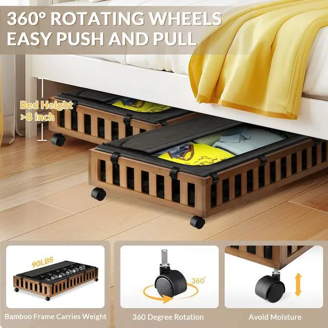 Alt view image 4 of 6 - 2 Pack Bamboo Under Bed Storage with Wheels, 39x20x7.8 Lager Under Bed Storage Containers (Brown)
