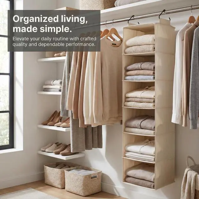 Alt view image 2 of 7 - Cedarline 6Shelf Hanging Closet Organizer in HeavyDuty Cotton Canvas, Cream