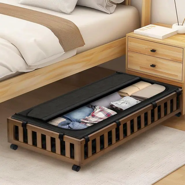 Alt view image 6 of 6 - 2 Pack Bamboo Under Bed Storage with Wheels, 39x20x7.8 Lager Under Bed Storage Containers (Brown)