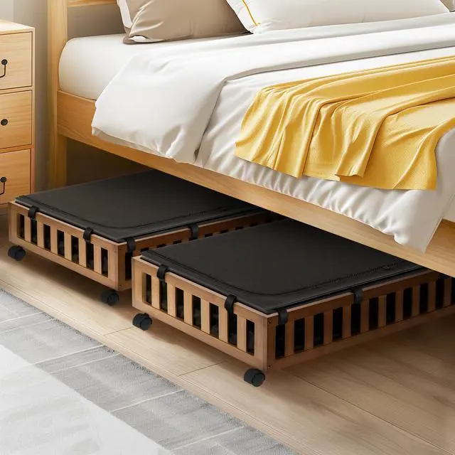 Alt view image 5 of 6 - 2 Pack Bamboo Under Bed Storage with Wheels, 39x20x7.8 Lager Under Bed Storage Containers (Brown)