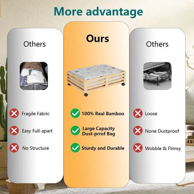 Alt view image 4 of 7 - Bamboo Under Bed Storage Containers- Underbed Organizer with Wheels with Large Capacity Dust Bag,Sturdy Wood Rolling Under Bed Shoe Storage Organizer 2 Packs (Nature, 2 Packs (23.62"×16.54"))