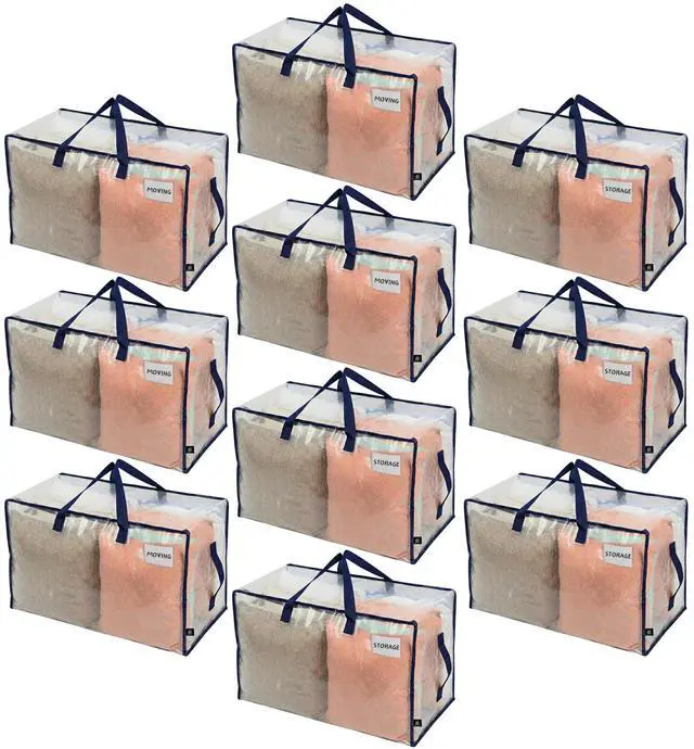 Main image of 10 Pack Clear Extra Large Moving Bags & Storage Totes, Heavy Duty Organizer with Reinforced Handles & Strong Zippers for Clothes, College Dorm Essentials, Moving Supplies