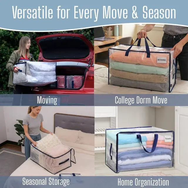 Alt view image 6 of 7 - 10 Pack Clear Extra Large Moving Bags & Storage Totes, Heavy Duty Organizer with Reinforced Handles & Strong Zippers for Clothes, College Dorm Essentials, Moving Supplies