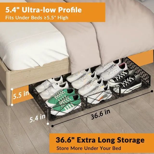 Alt view image 2 of 6 - 5.4 in Low Profile Under Bed Storage, 36.6" Ultra Long Metal Underbed Organizer with 6 Smooth Rolling Wheels, 110 lbs Heavy Duty Foldable Under Bed Container for Shoes, Clothes, Toys, 2 Packs
