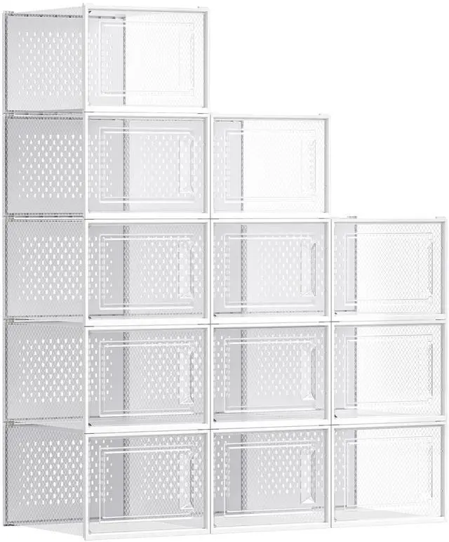 Main image of Shoe Boxes, Pack of 12 Shoe Storage Organizers, Stackable Clear Plastic Boxes for Closet, Sneakers, 13.1 x 9.9 x 7.4 Inches, Transparent and White ULSP12MWT