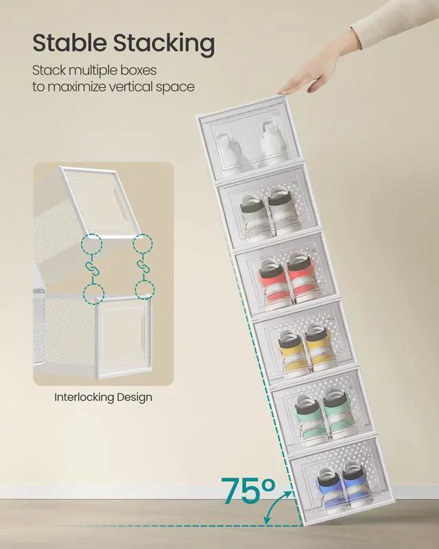 Alt view image 3 of 7 - Shoe Boxes, Pack of 12 Shoe Storage Organizers, Stackable Clear Plastic Boxes for Closet, Sneakers, 13.1 x 9.9 x 7.4 Inches, Transparent and White ULSP12MWT