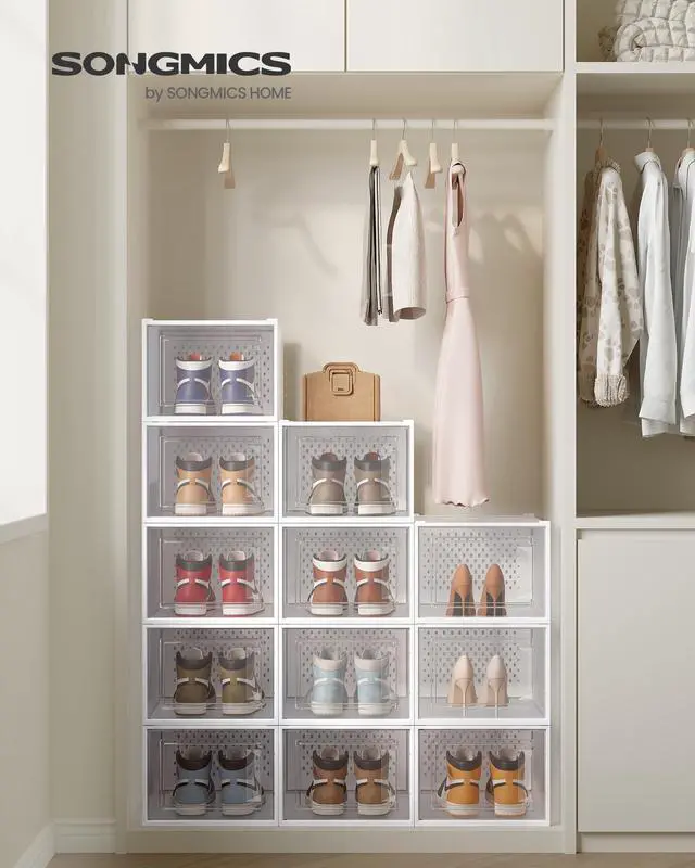 Alt view image 2 of 7 - Shoe Boxes, Pack of 12 Shoe Storage Organizers, Stackable Clear Plastic Boxes for Closet, Sneakers, 13.1 x 9.9 x 7.4 Inches, Transparent and White ULSP12MWT