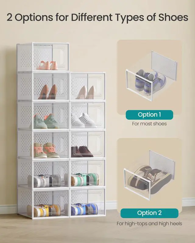 Alt view image 4 of 7 - Shoe Boxes, Pack of 12 Shoe Storage Organizers, Stackable Clear Plastic Boxes for Closet, Sneakers, 13.1 x 9.9 x 7.4 Inches, Transparent and White ULSP12MWT