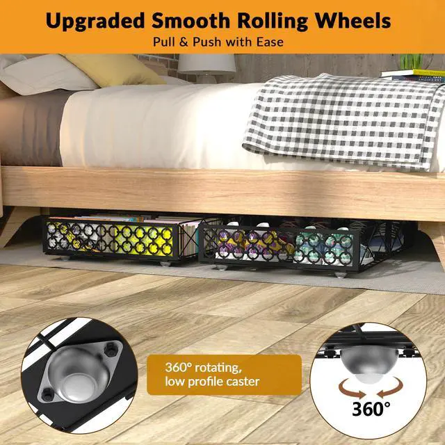 Alt view image 4 of 6 - 5.4 in Low Profile Under Bed Storage, 36.6" Ultra Long Metal Underbed Organizer with 6 Smooth Rolling Wheels, 110 lbs Heavy Duty Foldable Under Bed Container for Shoes, Clothes, Toys, 2 Packs