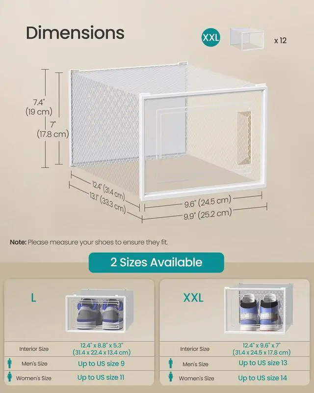 Alt view image 5 of 7 - Shoe Boxes, Pack of 12 Shoe Storage Organizers, Stackable Clear Plastic Boxes for Closet, Sneakers, 13.1 x 9.9 x 7.4 Inches, Transparent and White ULSP12MWT