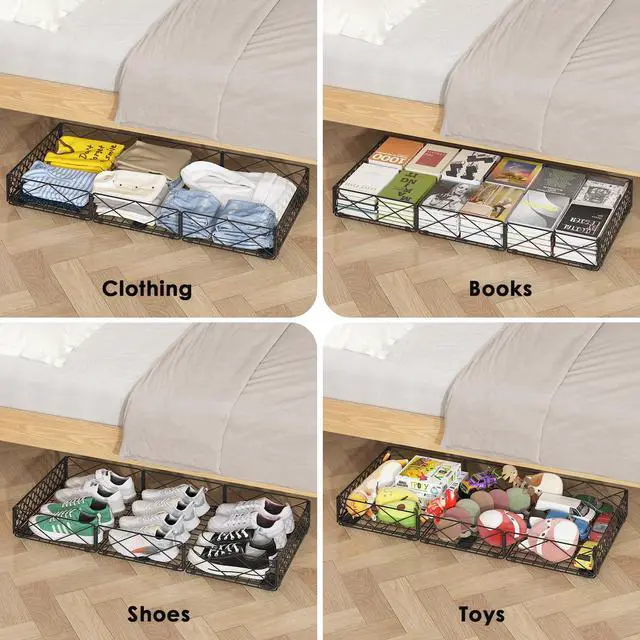 Alt view image 5 of 6 - 5.4 in Low Profile Under Bed Storage, 36.6" Ultra Long Metal Underbed Organizer with 6 Smooth Rolling Wheels, 110 lbs Heavy Duty Foldable Under Bed Container for Shoes, Clothes, Toys, 2 Packs