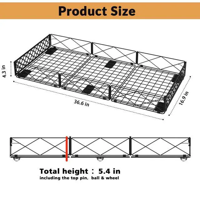 Alt view image 6 of 6 - 5.4 in Low Profile Under Bed Storage, 36.6" Ultra Long Metal Underbed Organizer with 6 Smooth Rolling Wheels, 110 lbs Heavy Duty Foldable Under Bed Container for Shoes, Clothes, Toys, 2 Packs