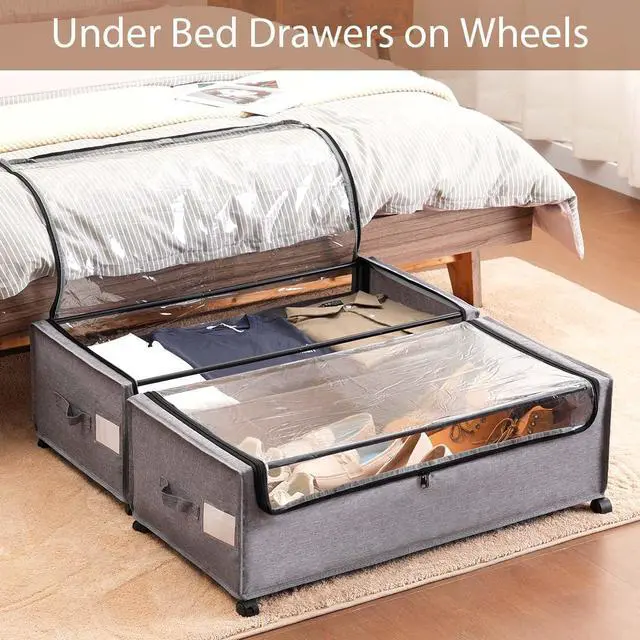 Alt view image 2 of 6 - Under Bed Storage with Wheels, Rolling Under bed Storage with Metal Frame, Under Bed Shoe Storage for Space Saving, Zippered Clear Lid, Heavy-Duty Steel Base for Clothes