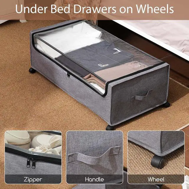 Alt view image 3 of 6 - Under Bed Storage with Wheels, Rolling Under bed Storage with Metal Frame, Under Bed Shoe Storage for Space Saving, Zippered Clear Lid, Heavy-Duty Steel Base for Clothes