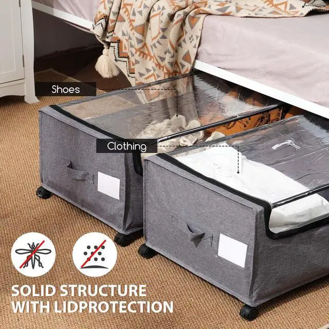 Alt view image 4 of 6 - Under Bed Storage with Wheels, Rolling Under bed Storage with Metal Frame, Under Bed Shoe Storage for Space Saving, Zippered Clear Lid, Heavy-Duty Steel Base for Clothes
