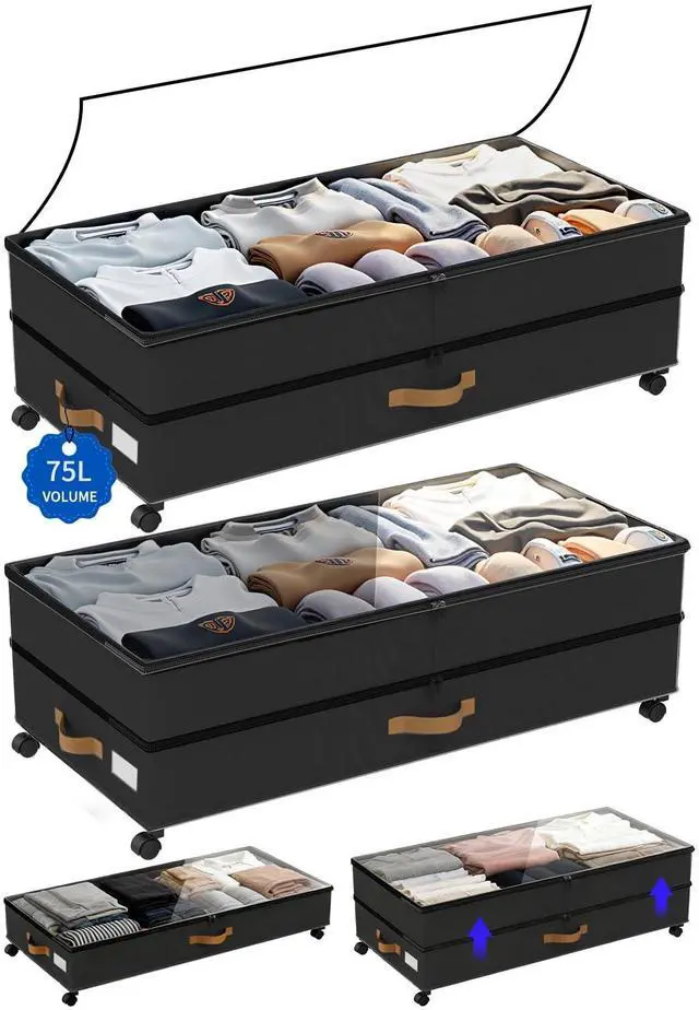 Main image of Under Bed Storage with Wheels 2-Pack, 75L XXL Under the Bed Storage Containers Large, 12" Tall Adjustable Storage for Underbed with Lids, Rolling for Clothes, Shoes, Blankets (Black)